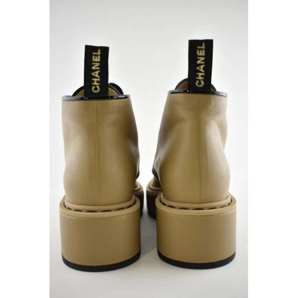 Chanel 20B Beige Black Leather Pearl CC Combat Lace Up Tie Ankle Short Boot 36 - Picture 8 of 10